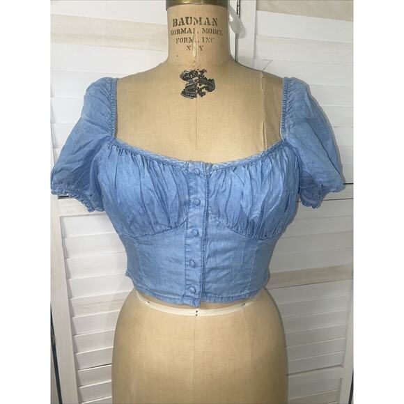 Dizzy Lizzy Tops - Dizzy Lizzy Denim Corset Puff Sleeve Cropped Top Blue Cottagecore Size Medium